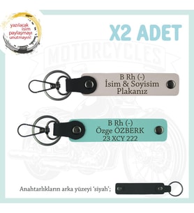 Motorcu Yolculara Özel İsim Plaka ve B Rh (-) Kan Grubu Yazılı Deri x2 Anahtarlık, Pudra-Turkuaz-Syh (Çok Renkli)