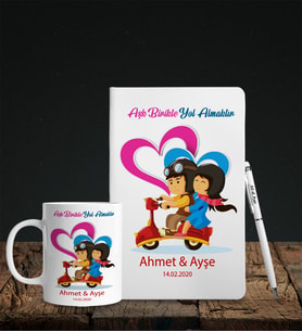 Sevgililer Gününe Özel Beyaz Deri Defter Kalem Kupa Hediye Seti 17
