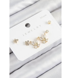 Pirinç Zirkon Taşlı Kelebek Model Gold Renk 925 Ayar Gümüş Çivi Kadın Küpe Set - TJ-BKP11166