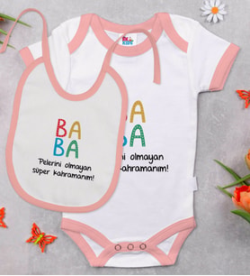 BK Kids Baba Tasarımlı Pembe Bebek Body Zıbın ve Mama Önlüğü Hediye Seti-1