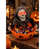 Halloween Cadılar Bayramı Kafa Sallayan Kuru Kafa Şekerlik Sesli Işıklı Balkabağı Dekoru 28 cm