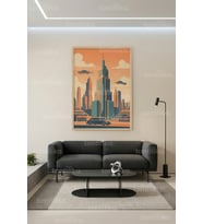 Retro Gelecek Şehir Silüeti Dekoratif Ahşap Çerçeveli Tablo – Modern Duvar Dekoru
