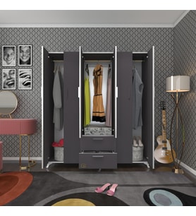 Kenzlife gardırop 6 kapaklı kapılı 2 çekmeceli glayör 168*150*42 gri ayaklı gardolap dolap (Karışık)
