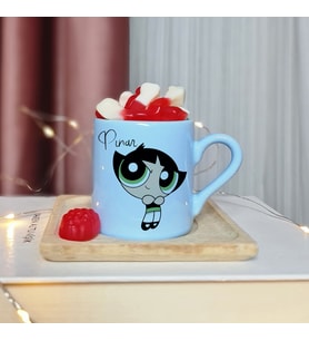 Power Puff Girls ( Buttercup ) Tasarımlı Kişiye Özel Mavi Türk Kahvesi Fincan