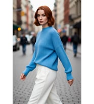 Kadın Oversize Balon Kol Selanik Dokuma Bisiklet Yaka Uzun Düz Basic Triko Kazak %100 Akrilik