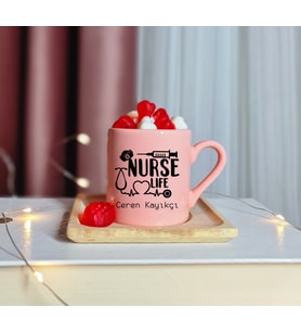Hemşire ( Nurse Life ) Tasarımlı Kişiye Özel Pembe Türk Kahvesi Fincanı