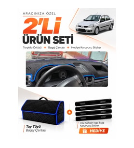 RENAULT CLİO SYMBOL AİRBAGSİZ (2002-2008) Uyumlu Torpido Örtüsü + Tay Tüyü Çanta Seti - Siyah Mavi
