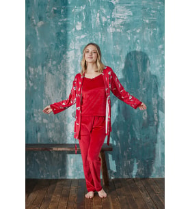Kadın Çiçekli Fransız Kadife İp Askılı Sabahlıklı Dantel Detaylı Pijama 3lü Set  (Kırmızı)
