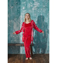 Kadın Çiçekli Fransız Kadife İp Askılı Sabahlıklı Dantel Detaylı Pijama 3lü Set  (Kırmızı)