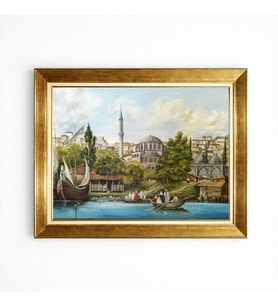 Tablore Klasik Osmanlı İstanbul Tablosu Altın Çerçeveli Tarihi Cami Ve Sandallar Kanvas Tablo