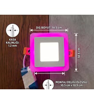 Kare Sıva Altı Led Spot Aydınlatma 9 WATT Çift Renk 3 Kademe Pembe Beyaz Gece Lambası Armatür