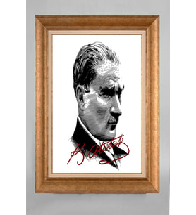Altın Varaklı Çerçeveli Paspartulu Atatürk Tablo a177 (Gold)