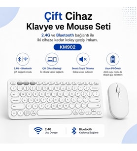 ScHitec Çift Cihaz Bağlantı Özellikli Klavye ve Mouse Set 2.4G+BT Beyaz KM902