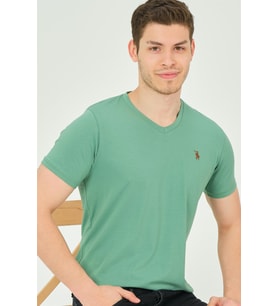 T8568 DEWBERRY V YAKA ERKEK T-SHIRT-DÜZ AÇIK YEŞİL