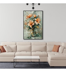 Yağlı Boya Dokulu Tablo Vazoda Modern Çiçekler Siyah Çerçeveli U02055