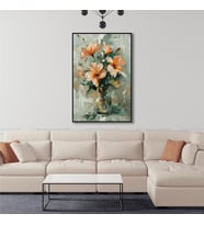 Yağlı Boya Dokulu Tablo Vazoda Modern Çiçekler Siyah Çerçeveli U02055