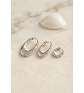 Gümüş Renk Oval Halka Model Zirkon Taşlı 3 lü Küpe Set TJ-BKP11975