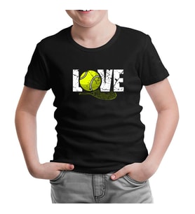Tenis - Love Raket ve Top Siyah Çocuk Tshirt