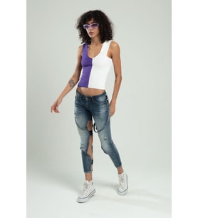 Sifu Tekstil İki Renkli Kadın Spor Askılı V Yaka Yığma Desen Triko Atlet Crop Top Bluz SFYZ1004 (Lila)