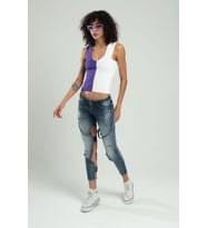 Sifu Tekstil İki Renkli Kadın Spor Askılı V Yaka Yığma Desen Triko Atlet Crop Top Bluz SFYZ1004 (Lila)