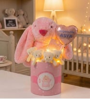 Kişiye Özel Balonlu Peluş Tavşanlı Led Işıklı 5'li Ayıcık Buketi  Baby Shower Kız Bebek Hediyesi (Pembe)