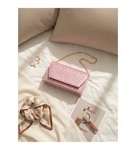 Kadın Pembe Simli Zarf Tasarım 2 Bölmeli Mini Zincir Askılı Çıt Çıt Kapama Clutch Ve El Çantası