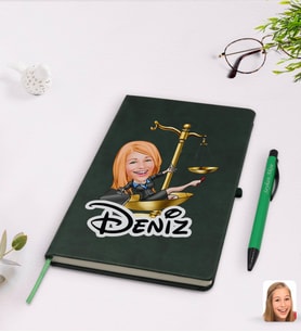BK Gift Kişiye Özel Kadın Avukat Karikatürlü Yeşil Termo Deri Defter Kalem Seti Model 4