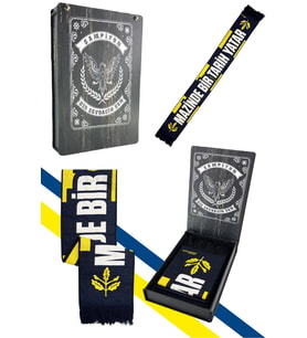 Fenerbahçe Sarı Lacivert Palamutlu Unisex Dokuma Atkı Lazer Kutu Hediyeli
