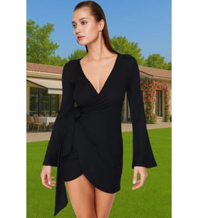 Plaj Elbisesi Kadın Mini V Yaka Bağlamalı Krep Dokuma Yazlık Modern Stil Modern Stil Özel Tasarım