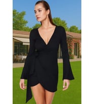 Plaj Elbisesi Kadın Mini V Yaka Bağlamalı Krep Dokuma Yazlık Modern Stil Modern Stil Özel Tasarım