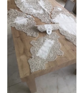 Salon Takımı Keten Angelika Çeyizlik Kreme Gold Runner Set 5 Parça Keten Ranır Masa Sehpa Konsol Örtüsü