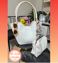 Beyaz Kadın Yavrulu Makyaj Çantalı Fularlı Çıtçıtlı Çift Tutma Saplı Tote Bag Taşıma Çantası (Beyaz)