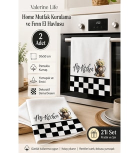 Valerine Life My Kitchen Damalı Mutfak Kurulama Fırın Beyaz El Havlusu %100 Pamuklu 35x50cm 2 Adet