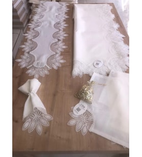 Sofra Takımı Lady Gardenya Keten Yemek Takımı 160x220 Masa Seti 26 Parça Runner Set Krem