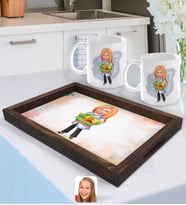 BK Gift Kişiye Özel Kadın Diyetisyen Karikatürlü Doğal Ahşap Tepsi ve 2’li Kupa Bardak Seti-1