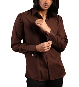 Kahverengi Dar Kesim Micro Kumaş Kol Düğmeli Slim Fit Erkek Gömlek - 201-11