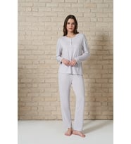 Kadın Düğme Detaylı Cep İşlemeli Uzun Kollu Pijama Takımı (Renksiz)