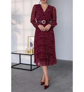 Neşeli butik kadın kemerli puantiye desenli şifon elbise NBMY3286 (Bordo)