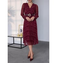 Neşeli butik kadın kemerli puantiye desenli şifon elbise NBMY3286 (Bordo)