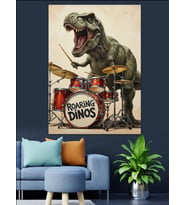 Davul Çalan T-Rex Dinozor Dekoratif Kanvas - Mdf Ahşap Tablo