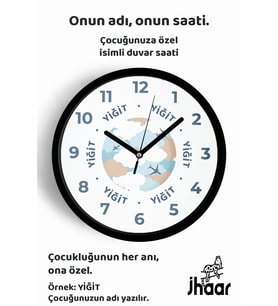 İsme Özel Uçak Çocuk Odası Duvar Saati Orta Boy 30 cm Siyah Camlı Sessiz