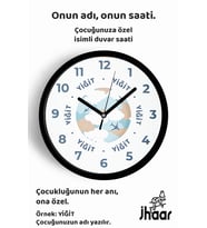 İsme Özel Uçak Çocuk Odası Duvar Saati Orta Boy 30 cm Siyah Camlı Sessiz