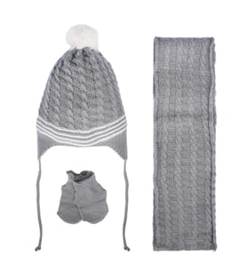Unisex Gri Beyaz Saç Örgü Desenli Triko Atkı Bere Set