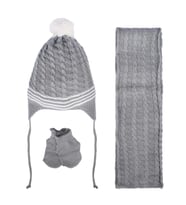 Unisex Gri Beyaz Saç Örgü Desenli Triko Atkı Bere Set