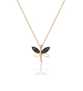 925 Ayar Gümüş Zincirli Rose Kaplama Siyah Taşlı Minimal Yusufçuk Model Kolye