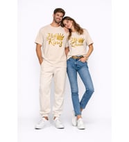 King Queen Sevgili Kombini Oversize Çift Tişört Unisex Partner Kombin Uyumlu Çift Seti (Bej)