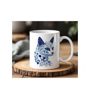 Mavi Renkli Kedi Tasarımlı Beyaz Seramik Baskılı Kupa Bardak 330ml