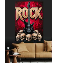 Rock Müzik Kafatası Amblemi Dekoratif Kanvas - Mdf Ahşap Tablo