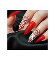 EDA LUXURY BEAUTY Kırmızı Takma Tırnak Lüks Parlak Kristal Taşlı Desenli Extra Uzun Sivri Uçlu Stiletto Nail Art Set E033