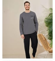 Pijamoni Erkek Pamuklu Bisiklet Yaka Uzun Kol İnce Pijama Takımı 6150/10 - 1 Adet (Füme)
